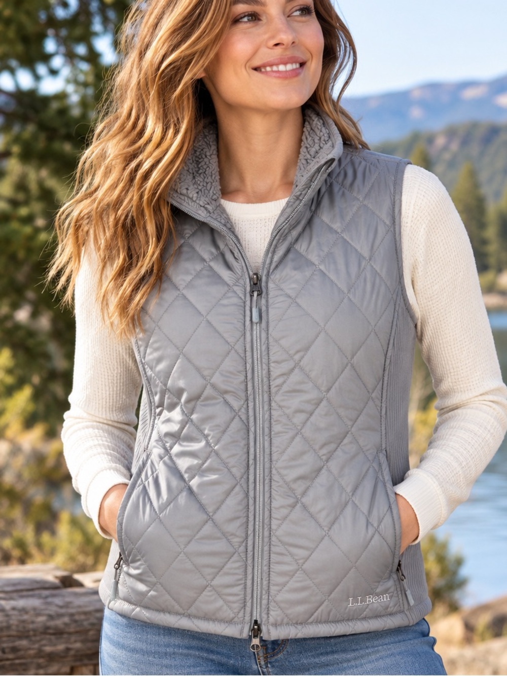 L.L.Bean Quilted Fleece Lined Vest Gray Women’s M Full Zip Outdoors